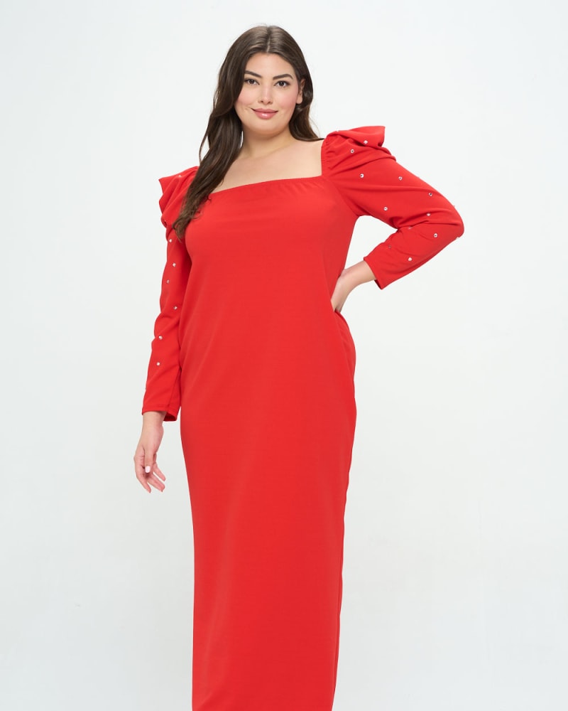 Front of a model wearing a size 1X Evangeline Rhinestone Sleeve Dress in Coral Red by L I V D. | dia_product_style_image_id:241445